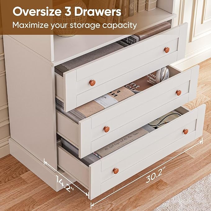 Vyre 71" Tall Farmhouse Bookshelves with Drawers, Set of 3 – Large Modular Bookcase with Adjustable Shelves, Storage Cabinet for Living Room, Kitchen, Home Office, White