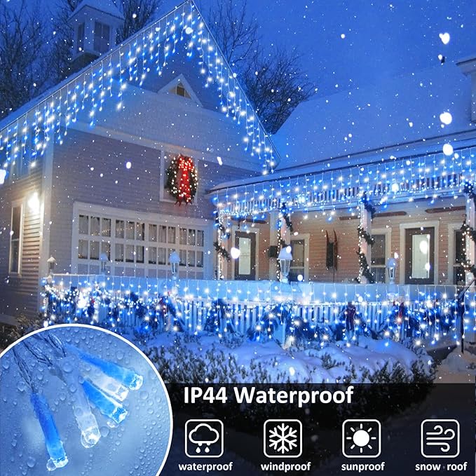 66FT 640 LED Icicle Lights for Outside, Icicle Christmas Lights Outdoor with 8 Modes Timers, Waterproof Plug in Twinkle String Light for Yard Eave Patio Party Holiday Decorations, Blue White