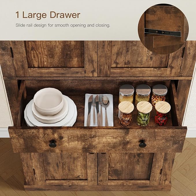 usikey 72” Kitchen Pantry Cabinet, Tall Storage Cabinet with 4 Doors and 1 Drawer, Freestanding Cupboard with 6 Hanging Shelves and Adjustable Shelves for Kitchen, Living Room, Rustic Brown