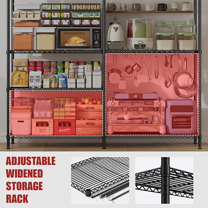 REIBII 61.7''W Storage Shelves Load 1220LBS Wire Shelving Unit 4 Tier Metal Shelving for Storage Rack Shelves Heavy Duty Garage Shelf Pantry Shelves Kitchen Shelving, 61.7" W*62.9" H*15.8" D, Black
