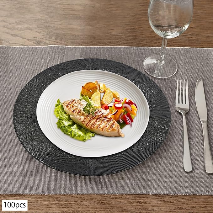 Antique Charger Plates Set 13'' Round Embossed Dinner Plate Chargers Plastic Elegant Floral Plates for Dinner Wedding Party Event Table Kitchen Decoration 100PCS (Black 100Pcs)