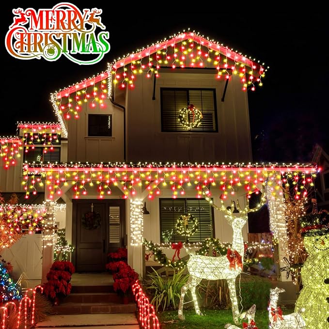 49FT Christmas Lights, 480 LED Ice Lights for Outside Clear Wire Twinkle Lights with 8 Modes Timer Waterproof for Christmas Party Tree Holiday Patio Yard Home Decor(Red and Warm White)
