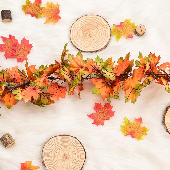 2 Pack Fall Maple Leaf Garland Clearance - 6.5ft/Piece Artificial Foliage Garland Autumn Hanging Fall Leave Vines for Indoor Outdoor Wedding Thanksgiving Dinner Party Decor