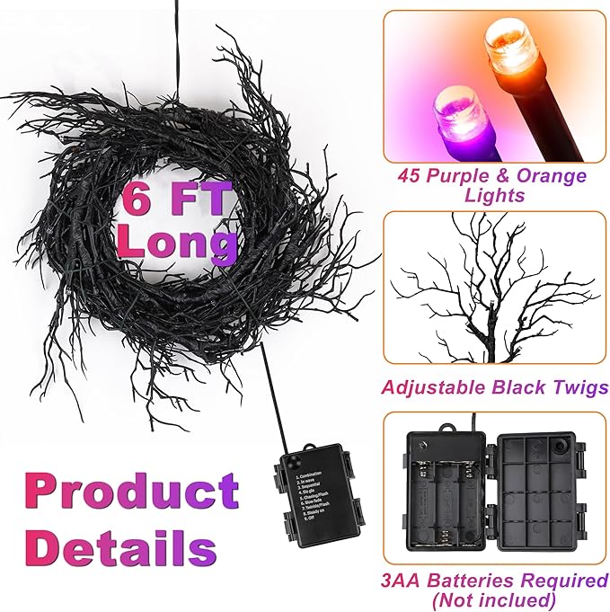 6 FT 45 LED Willow Vine Twig Decor Black Halloween Garland with Orange Purple Lights, Timer 8 Modes Waterproof Battery Operated Indoor Halloween Decorations for Wall Fireplace Mantle Home Office Decor