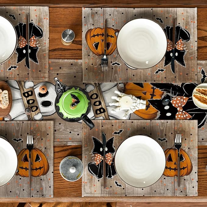 Artoid Mode Wood Polka Dot Ghost Cat Boo Halloween Placemats Set of 4, 12x18 Inch Seasonal Table Mats for Party Kitchen Dining Decoration