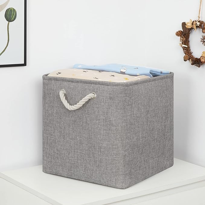 Bidtakay Grey Baskets Foldable Storage Cube Bins 13x13x13 Cube Storage Organizer Closet Set of 3 Fabric Storage Baskets for Home Office Large Baskets for Nursery Baby Toy Storage