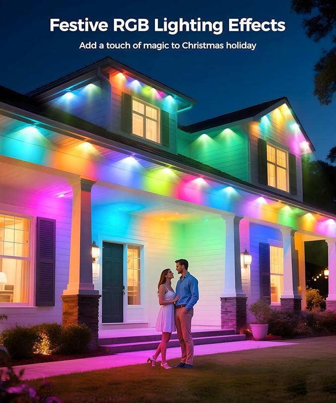 POOFZY Permanent Outdoor Lights for House, 50ft RGB+IC Smart Outdoor Decor, 50 Scene Modes, App/Remote Control, IP68 Waterproof, for Christmas, Holiday, Daily & Pool Party Decor, House Roof Lighting