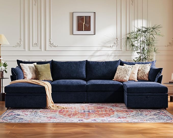 134.6" Oversized Modular Sectional Sofa, 6 Seater U Shaped Couch with Storage Ottoman with Reversible Chaise Deep Seat for Living Room, Apartment - Chenille Blue