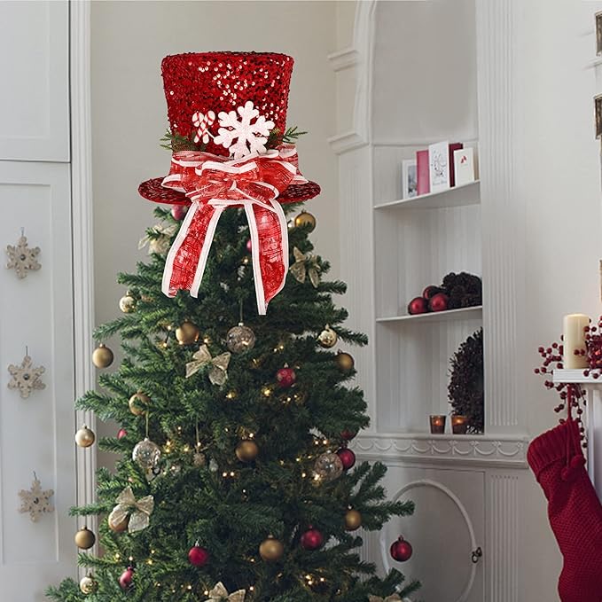 Prsildan Christmas Tree Topper Hat, Large Red Sequins Top Hat with Bow Ribbon and Snowflake, Christmas Decorations for Xmas Tree Snowman, Desktop Ornaments Holiday Home Decor