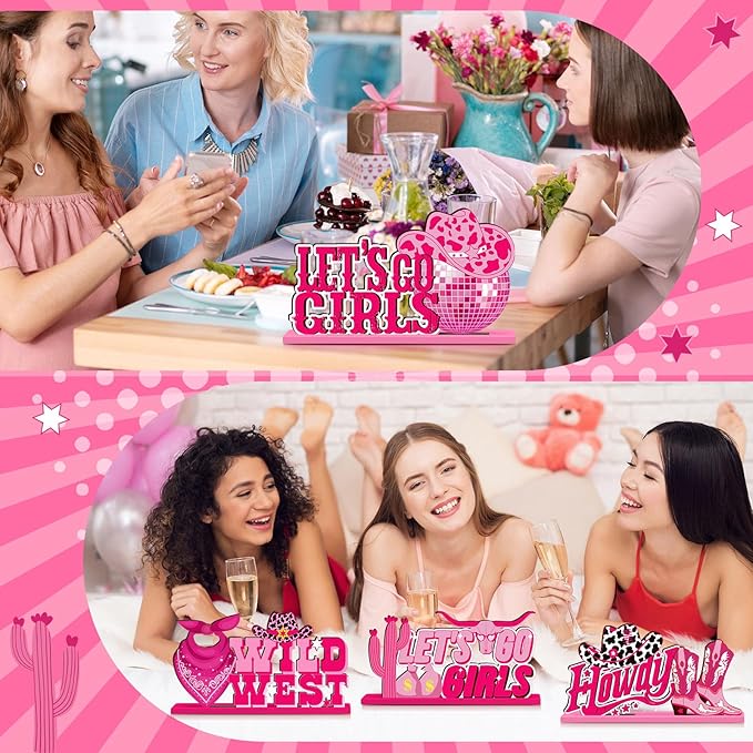 6 Pcs Disco Cowgirl Party Decorations Pink Let's Go Girls Bachelorette Table Decorations Western Cowgirl Wooden Centerpieces for Last Disco Birthday Western Rodeo Party Supplies