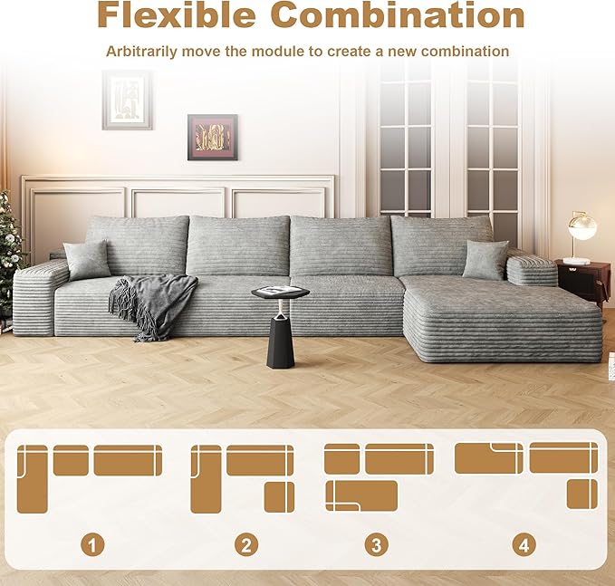 136" Sectional Couches for Living Room Modern Modular Sofa with L-Shape Couchs Upholstered Boneless Couch Deep Seat Sectional Couch with Chaise (Grey, Right Facing Chaise+3Seaters)