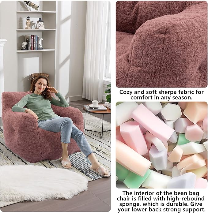 Recaceik Large Bean Bag Chairs, Tufted Soft Stuffed Bean Bag Chair with Filler, Fluffy Lazy Sofa, Imperial Lounger Giant Bean Bag Chair for Bedroom, Living Room, Rufous