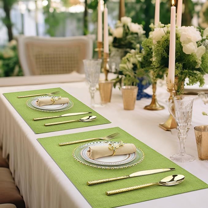Green Cloth Placemats Set of 8 - Easy to Clean Fabric Table Placemats - Machine Washable Placemats- Heat Resistant Non-Slip Table Mats (Grass Green, 8)