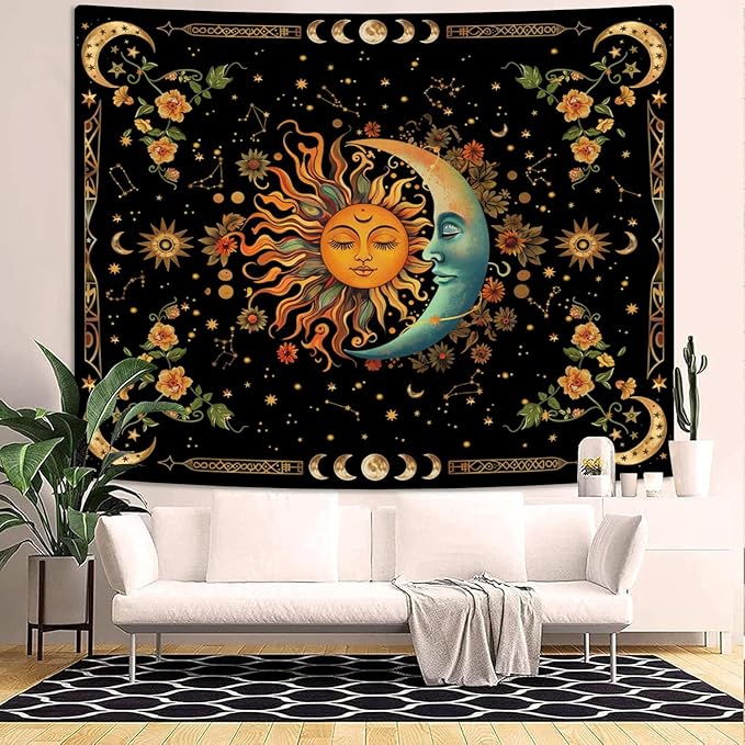 ARTCREATOR Sun and Moon Tapestry Astrology Space Wall Hanging Boho Hippie Floral Plant Tapestries Aesthetic Vintage Mandala Flower Decor for Living Room Bedroom (51" x 59")