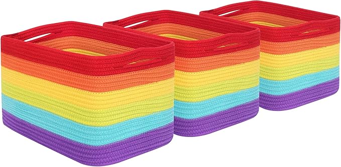 MINTWOOD Design 3-Pack Storage Baskets for Shelves, Playroom and Classroom, Book Basket, Decorative Storage Cube Bins, Woven Closet Organizers, Pantry and Shoe Organizer, Rainbow