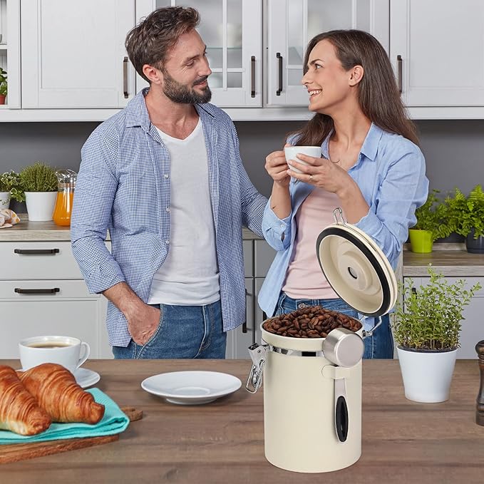 ShanSon Coffee Canister Airtight Coffee Container Stainless Steel Coffee Bean Storage Container with Scoop Coffee Canister for Beans Grounds Sugar Flour Tea Cereal,22OZ, Beige