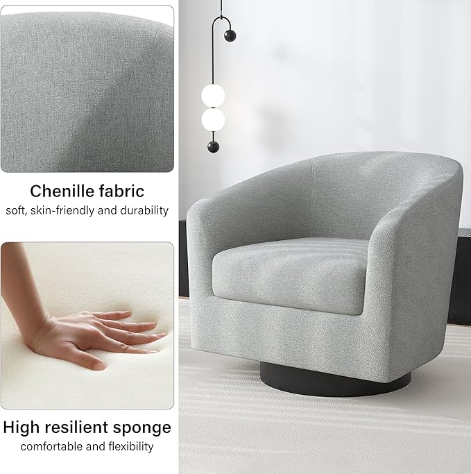 Swivel Barrel Accent Chair, Modern Round Chenille Fabric Arm Chair for Living Room, Bedroom, Comfy Club Reading Chairs for Adults(Chenille Fabric, Light Grey, Set of 4