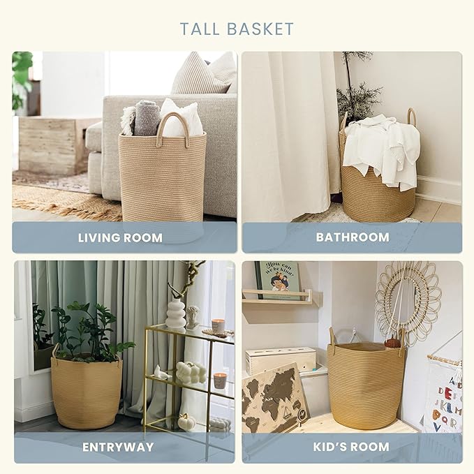 OrganiHaus Large Woven Baskets for Storage 15x18, Cotton Rope Baskets for Storage, Tall Blanket Basket for Living Room, Nursery Laundry Basket, Big Basket for Toys, Basket for Blankets, Honey