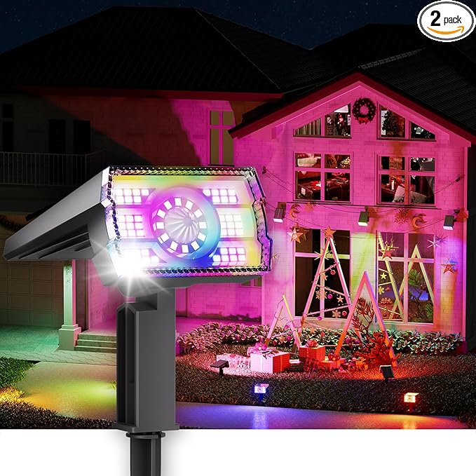 Solar Spot Lights Outdoor 2-Pack Multicolor IP65 Waterproof RGB - 6 Colors, 2 Modes, 105ยฐ Adjustable 58 LED Flood Lights, Solar Powered Spotlights for Yard, Garden, House & Landscape Lighting Outside