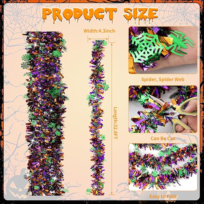 33 FT Halloween Tinsel Garland Decorations,Orange Purple Green Halloween Garland with Spider,Spider Web Shiny Metallic Garlands for Indoor Outdoor Decorations