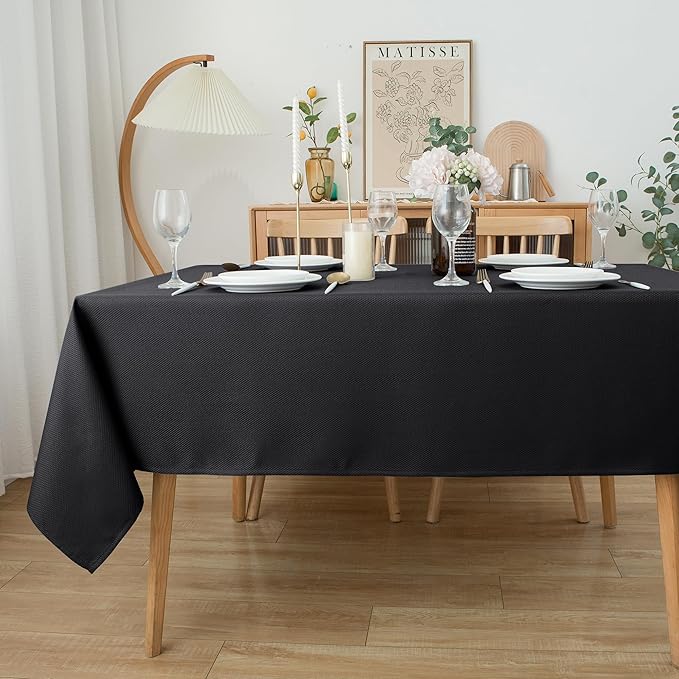 Biscaynebay Textured Fabric Tablecloths 60x108 Inches Rectangular, Black Water Resistant Spill Proof Tablecloths for Dining, Kitchen, Wedding and Parties, Machine Washable
