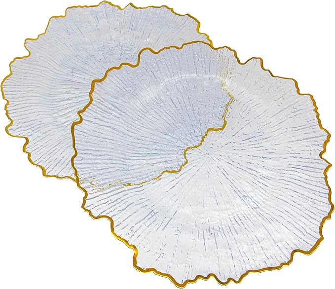 Henilosson 6 Pack 13" Plastic Round Reef Clear Charger Plates ,With Rim gold Dinner Acrylic Charger Plates (6,Reef Gold Clear)