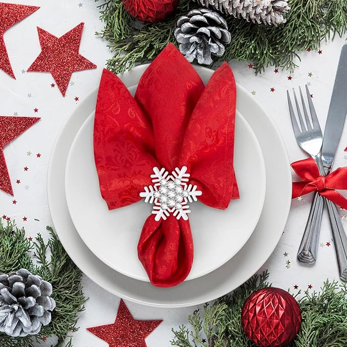 Halatool Set of 8 Christmas Napkin Rings White Snowflake with White Rhinestone Napkin Holder for Christmas Thanksgiving Holiday Party Table Decoration