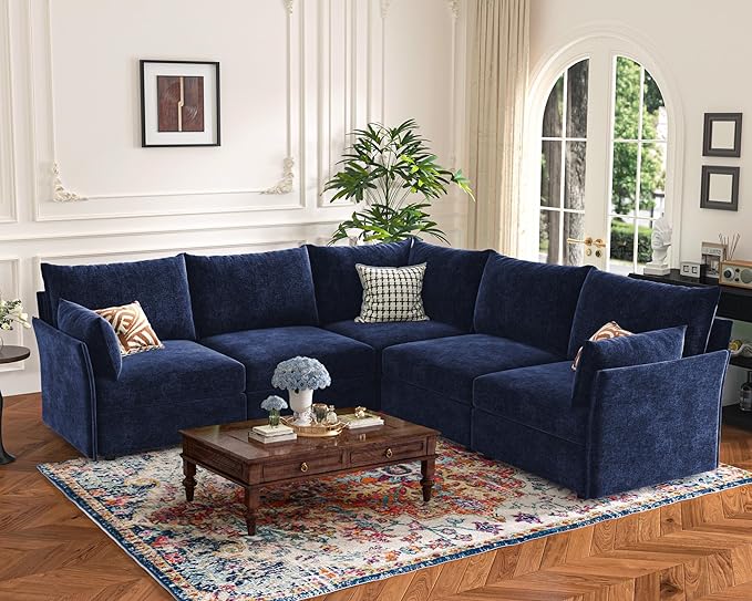 135.5" Oversized Modular Sectional Sofa, L Shaped Convertible Couch with Movable Ottoman, Large 6 Seat Corner Couches for Living Room Deep Seat Blue Chenille