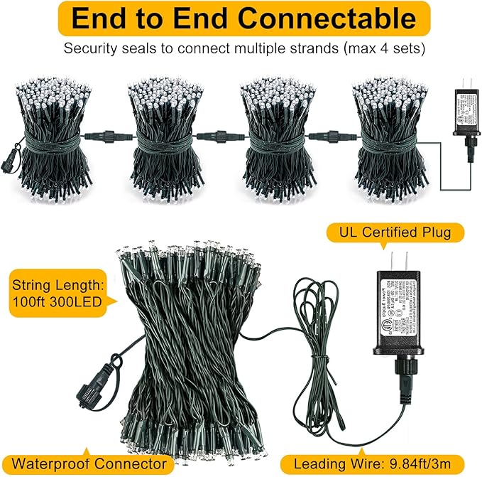 2 Pack Christmas Lights Outdoor, Total 200FT 600LED Christmas String Lights with 8 Modes Waterproof, Green Wire Twinkle Tree Lights for Indoor Patio Xmas Decor, 1 Pack Blue & 1 Pack White
