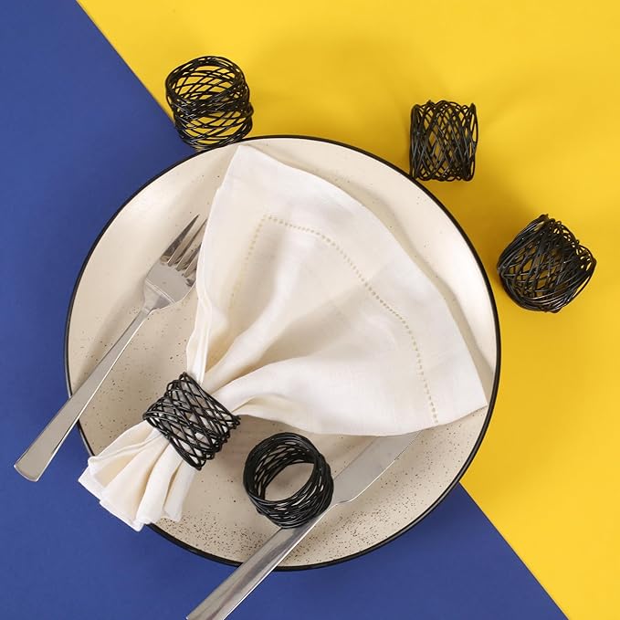 12 PCS Heavy Duty Metal Napkin Rings Set - Elegant Round Mesh Design for Table Decor, Durable Serviette Holders for Wedding, Dinner Party, Everyday Use (Black) - ALPHA Living HOME