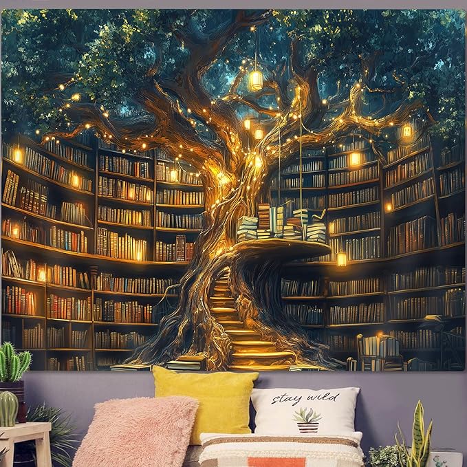 GOAOK Fantasy Library Tapestry For Classroom, Mysterious Tree Magic Bookshelf Aesthetic Tapestries, Witchy Fairytale Tree Vintage Bookshelf Book Art Tapestry Wall Hanging College Room Bedroom, 60"X40"