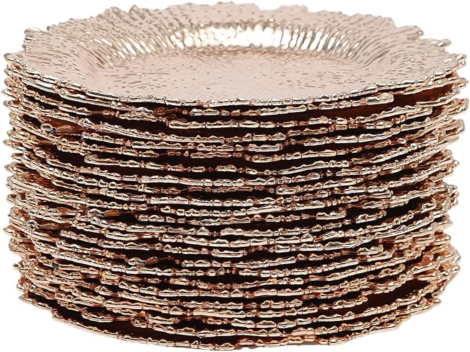 Antique Charger Plates Set 13'' Round Embossed Dinner Plate Chargers Plastic Elegant Floral Plates for Dinner Wedding Party Event Table Kitchen Decoration 24PCS (Rose 24Pcs)