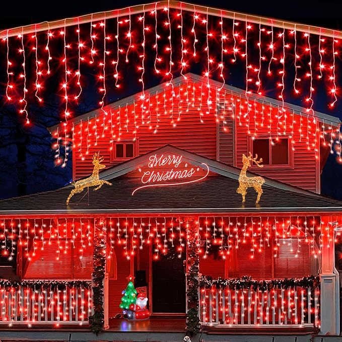 66ft Icicle Lights for Outside, Red Christmas Lights Outdoor Waterproof for House, 640 LED Twinkle Tree Lights with 120 Drops Clear Wire Short Curtain Light for Room Home Wall Indoor Decorations