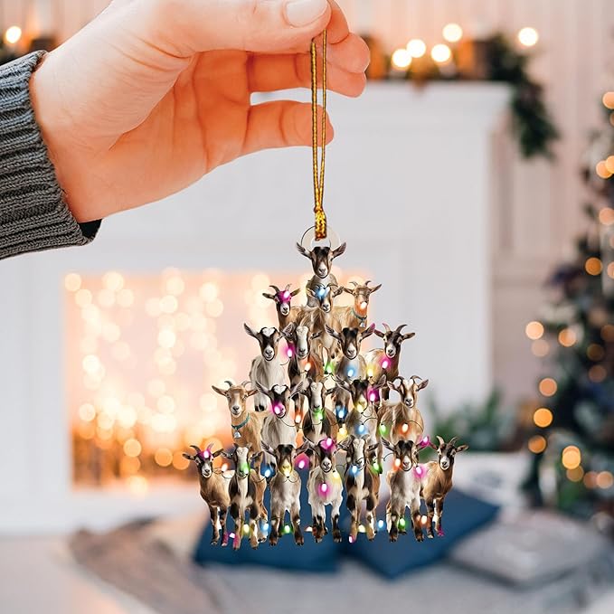 Talataca Goat 2D Flat Christmas Ornament, Goat Farm Animal Christmas Pine Tree Shape with String Light Pine Tree Decor, Hanging House Charm Eve Keepsake, Car Rear View Mirror Accessories, Xmas Gift