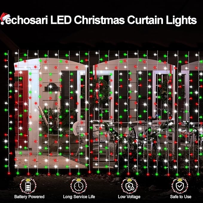 echosari Red White and Green Christmas Curtain Lights Battery Operated, 300 LED Fairy Curtain Lights 9.8Ft x 9.8Ft Hanging Lights with Remote Timer for Party Holiday Garden Yard Decor