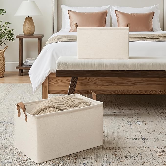 StorageWorks Storage Bins, Shelves Baskets for Organizing, 45L Extra Large Fabric Closet Organizers with Handles, Metal Frame, Beige(Cotton-linen), 2-Pack