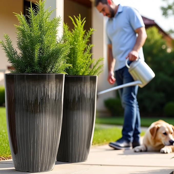 Worth Garden 23.5" H. Large Plastic Planters - Set of 2 Gradient Black Glossy Smooth Finish - Tall Plant Pots for Indoor & Outdoor Use - Decorative Lightweight Flower Pots for Front Porch, Patio, Deck