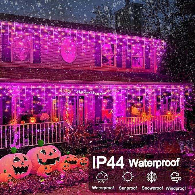 33ft Halloween Lights Outdoor, 400 LED Icicle Lights for Outside, Orange and Purple Twinkle Christmas Light with Connectable Clear Wire 8 Modes Timer Waterproof for House Party Tree Holiday Yard Decor