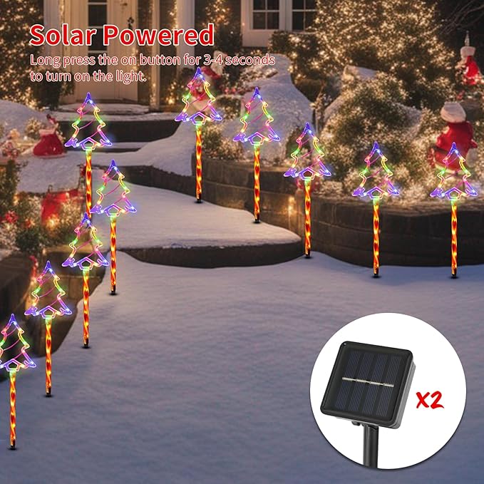 Christmas Solar Pathway Lights Outdoor Decorations, 8 Modes Xmas Tree Candy Lights Waterproof Led Garden Stake Light for Walkway Yard Lawn Porch Holiday Decor 5-Pack (Multicolor Tree, 10 Pack)