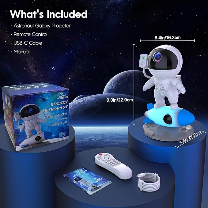 FlyEagle Astronaut Galaxy Projector, Star Nebula Projector with Rocket Lamp, Night Lights LED Star Projector for Bedroom, Remote Control, White Noises, Bluetooth Speaker for Bedroom
