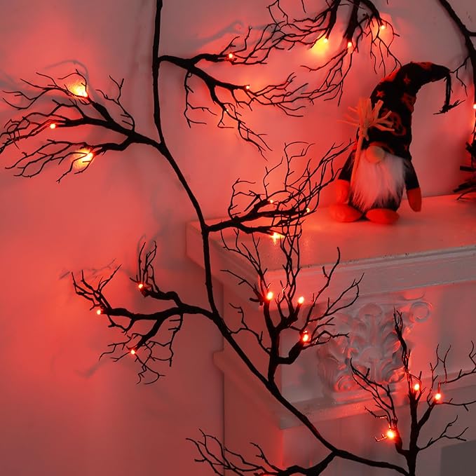 9 Ft 66 LED Willow Vine Twig Decor Black Halloween Garland with Orange Lights, Timer 8 Modes Waterproof Battery Operated Indoor Halloween Decorations for Wall Fireplace Mantle Home Office Party Decor
