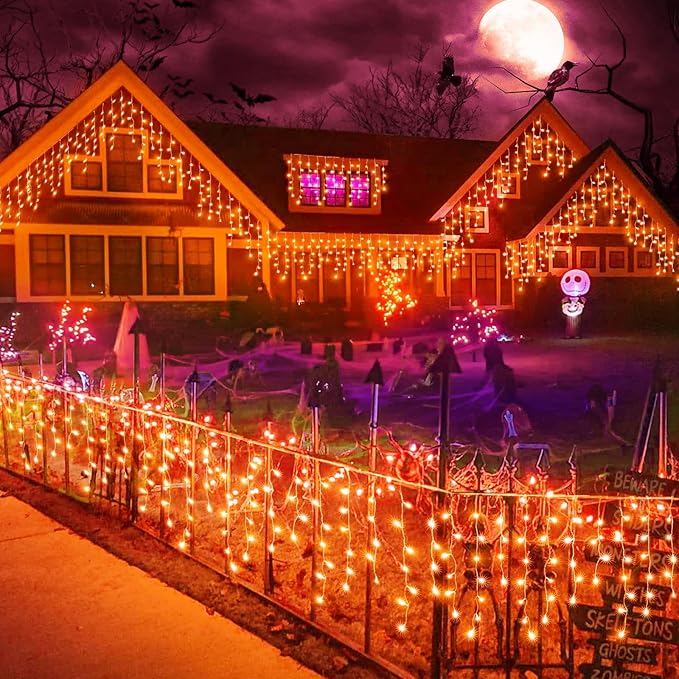Orange Halloween Lights Outdoor, 33FT 400 LED Icicle Lights for Outside with 8 Modes Waterproof, Plug in Connectable Twinkle String Light for Indoor House Yard Patio Party Holiday Decorations
