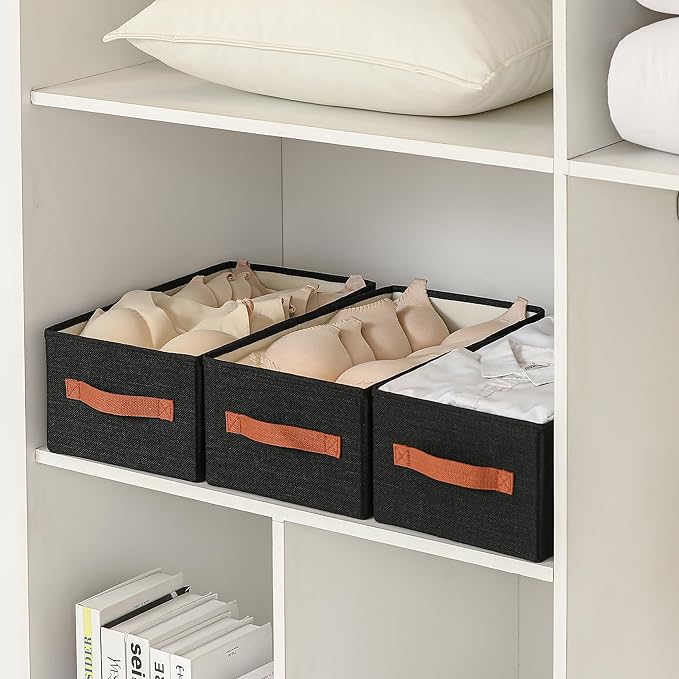 linen closet organizers and storage, 3 Pack Large Storage Baskets, Washable, Clothing Storage Bins with Handle, Closet Organizer for Storage Sweater,Sheets (Black, 16"x9½"x6¾")