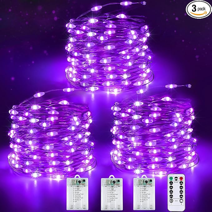 3 Pack Fairy Lights Battery Operated with Remote & Timer, 26 FT 80 LED Halloween String Lights Outdoor Indoor Decoration, 8 Modes Twinkle Lights for Halloween Party Christmas Bedroom Décor (Purple)