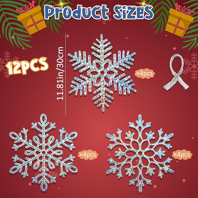 12pcs Large Iridescent Snowflakes Christmas Ornaments-12 Big Plastic Glitter Hanging Snow Flakes for Christmas Tree Decorations Winter Indoor Outdoor Window Home Decor Giant Craft Snowflakes