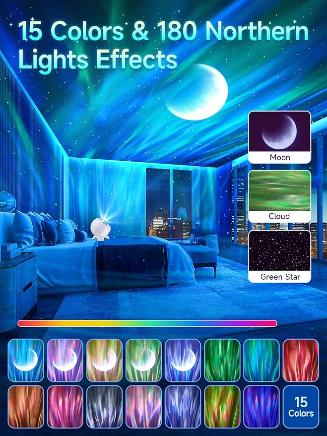 Galaxy Projector Northern Lights Projector,180 Lighting Modes Galaxy Light Projector, 15 White Noise&Bluetooth Northern Lights Projector, Remote+Timer Star Projector Galaxy Light Projector, Star Gifts
