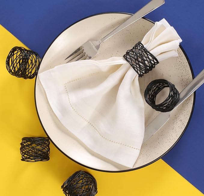 12 PCS Heavy Duty Metal Napkin Rings Set - Elegant Round Mesh Design for Table Decor, Durable Serviette Holders for Wedding, Dinner Party, Everyday Use (Black) - ALPHA Living HOME