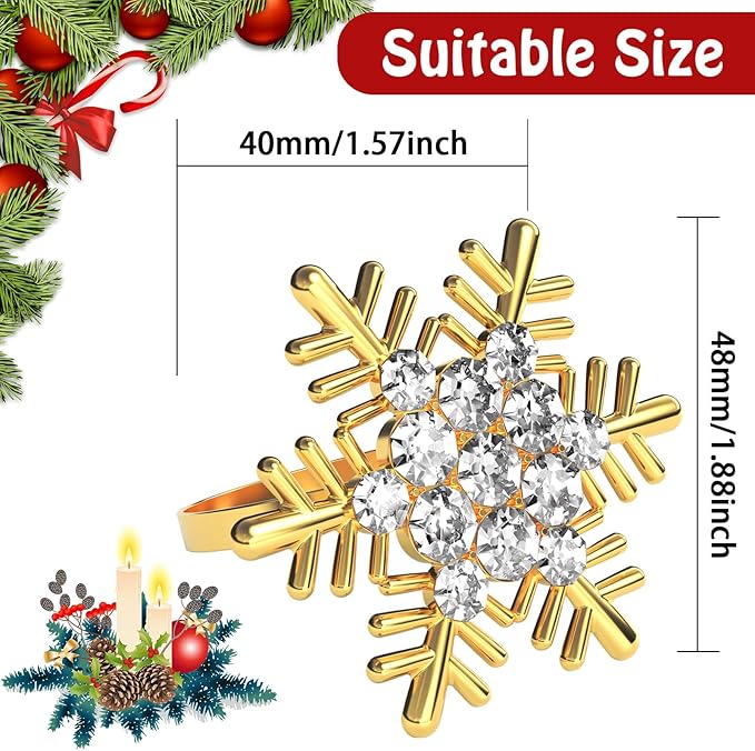 Halatool Set of 8 Christmas Napkin Rings Gold Snowflake with White Rhinestone Napkin Holder for Christmas Thanksgiving Holiday Party Table Decoration