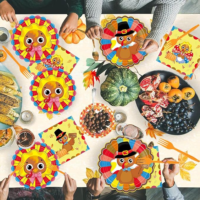 Turkey Thanksgiving Party Supplies - 96 Pcs Fall Decorations Set With Paper Plates, Napkins, Forks - Autumn Disposable Tableware for Harvest Party