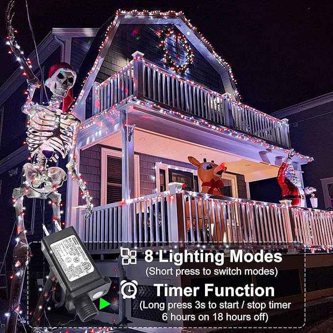 100FT 300 LED Christmas Lights Outdoor, Plug in Christmas Tree Lights with 8 Modes Waterproof, Green Wire Twinkle Tree Lights for Indoor Patio Garden Party Holiday Decorations, Red White